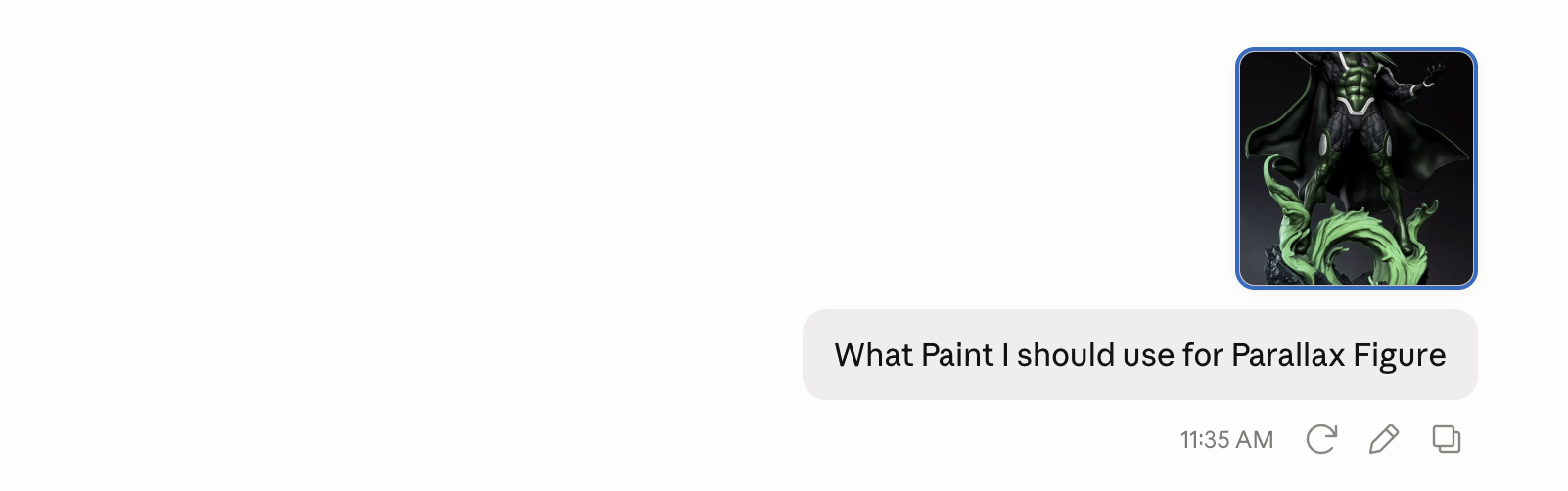 Real chat: the figure attached with the question 'what paint should I use for Parallax', and the minipainter tool firing on the inventory.